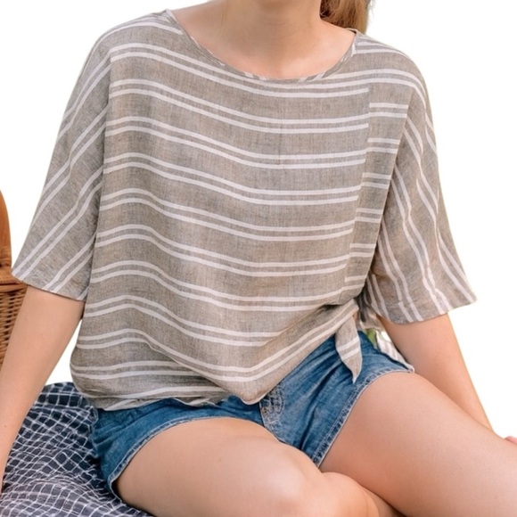 Beach Lunch Lounge linen blend boxy striped top with side tie grey white Medium - Picture 2 of 10